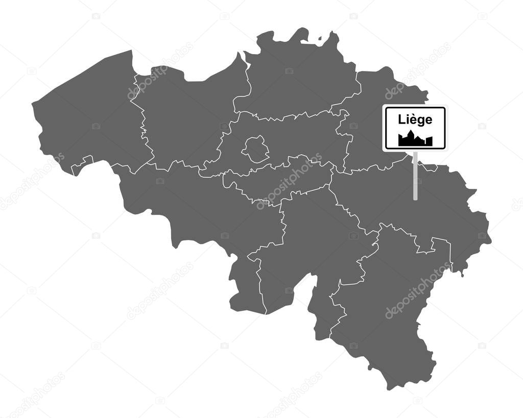 Map of Belgium with road sign Liege