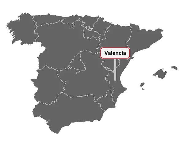 Mappa Della Spagna Con Nome Della Località Valencia — Vettoriale Stock