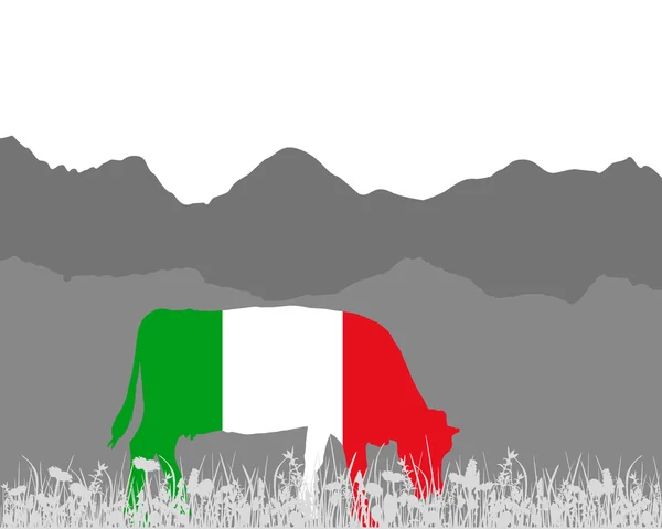 Alp vaca y bandera italiana — Vector de stock