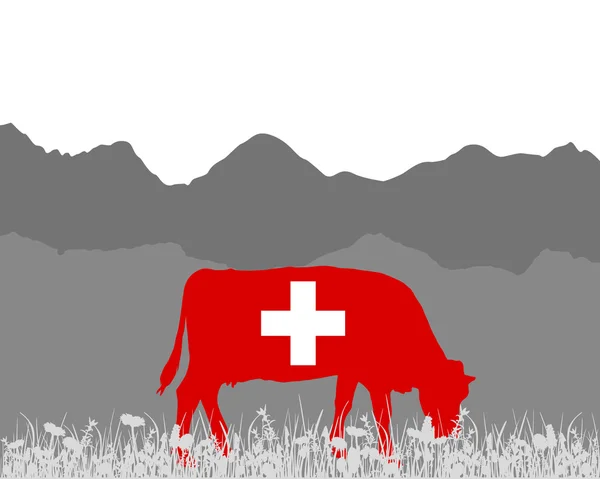 Alpa de vaca e bandeira suíça — Vetor de Stock