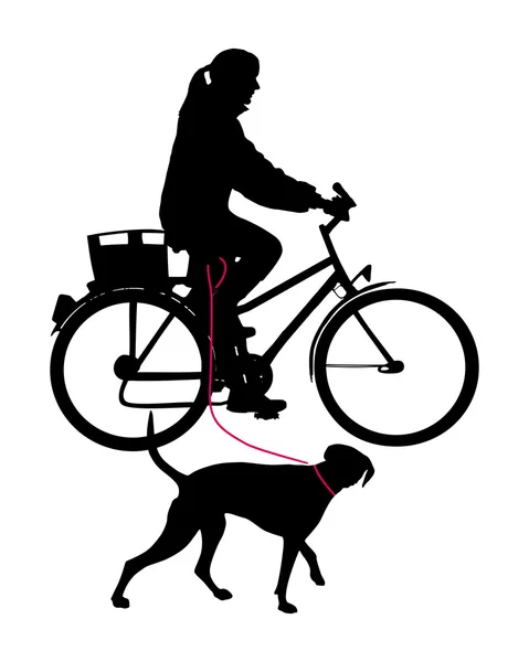 Mulher na bicicleta com cão na trela — Vetor de Stock