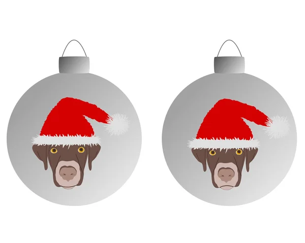 Laughing dog with red santa claus caps on christmas bauble — Stock Vector