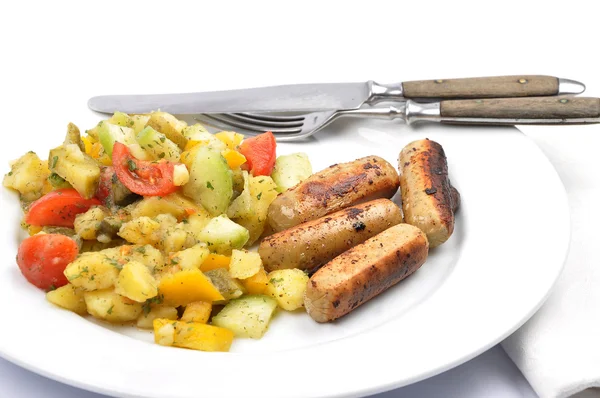 Mixed Potato salad with sausages — Stock Photo, Image