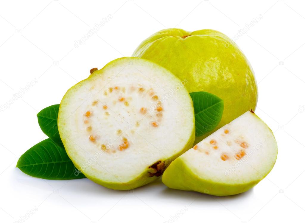 Fresh guava fruit with leaves and slices isolated white