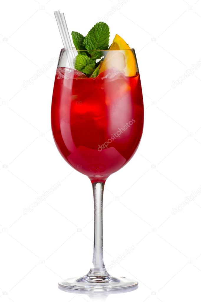Red alcohol cocktail (Hugo) with orange and mint isolated
