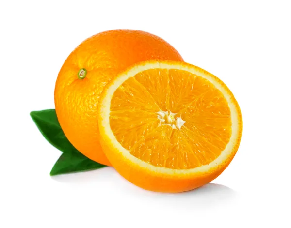 Ripe orange fruit with leaves and slices isolated on white — Stock Photo, Image