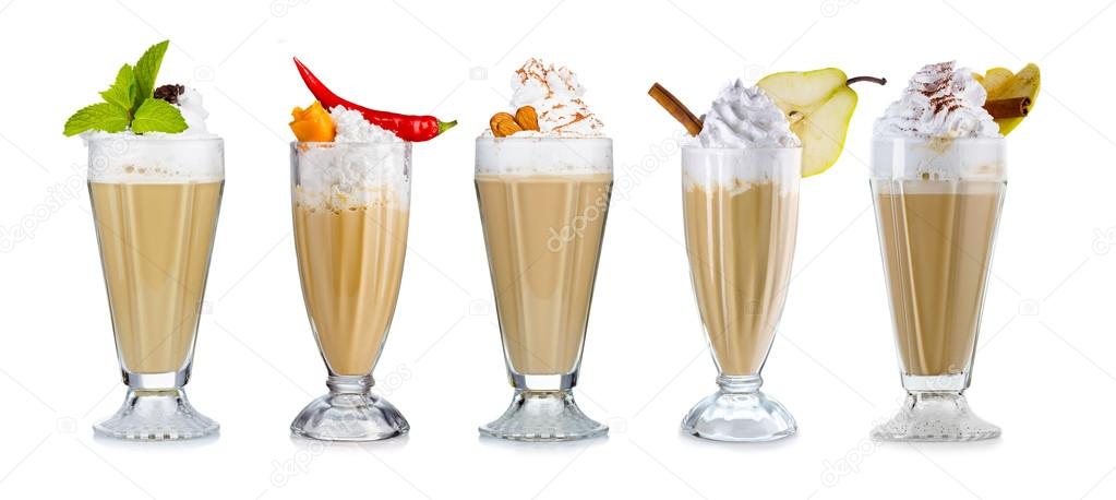 Set of Coffee cocktails with cream (frappuccino) with fruits and