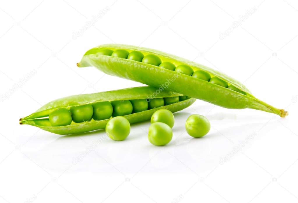 Fresh green pea pods and seeds isolated on white