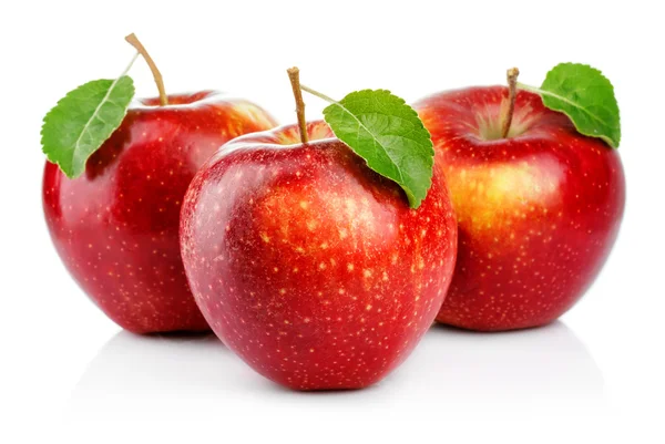 Три красных яблока с листом, изолированным на белом — стоковое фото