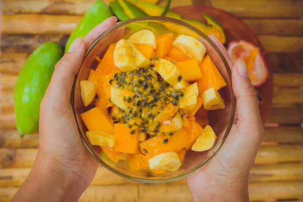 Salad mango papaya banana passion fruit — Stock Photo, Image