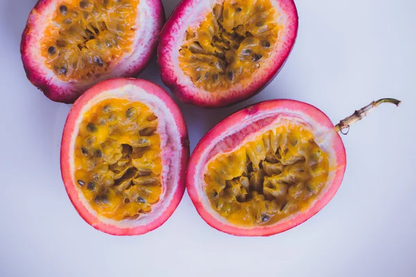 Close up yellow color passion fruit pulp and seed