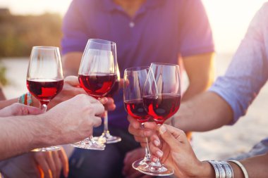 Bardak kırmızı şarap sahilde bir tost ekmegi tutan insanlar 