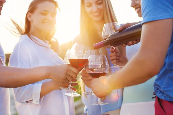 Gruppo di amici felici che bevono vino rosso sulla spiaggia — Foto Stock