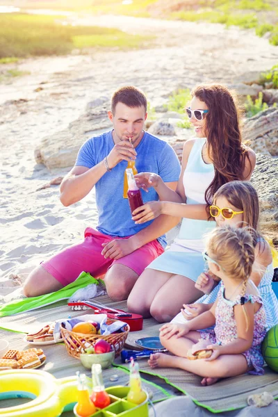 Familia sentada en la arena en la playa en el picnic de verano — Foto de Stock