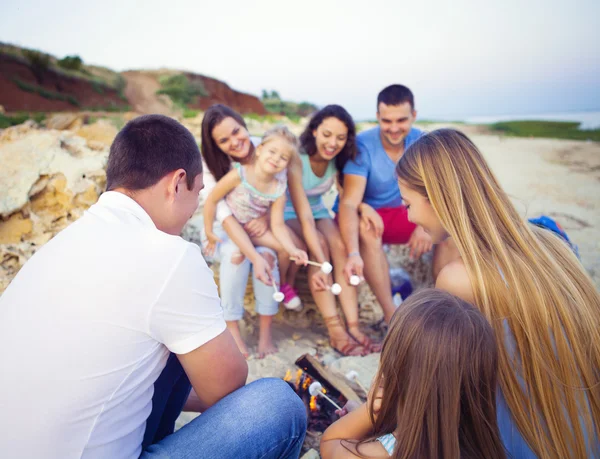 Vänner sitter på sanden på stranden i cirkel med marshmal — Stockfoto