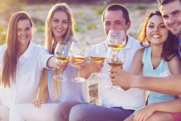 Gente sosteniendo copas de vino blanco haciendo un brindis en el picni — Foto de Stock