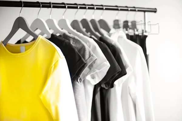 Rack Met Verschillende Vrouwelijke Shirts Geplaatst Minimalistische Stijl Kamer Met — Stockfoto