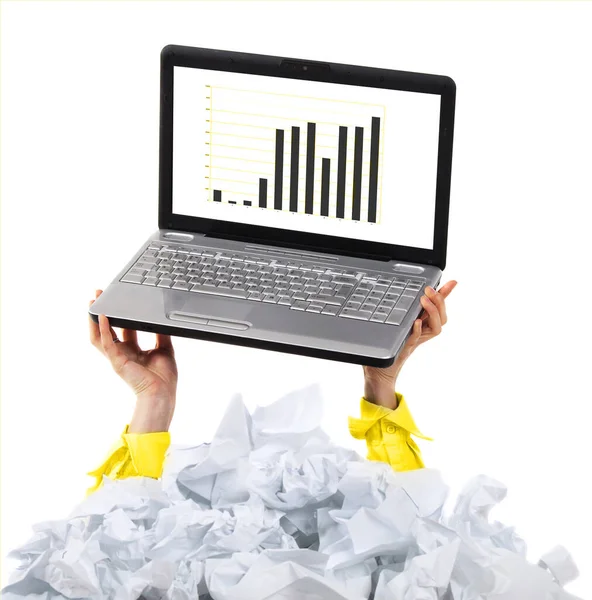 Too Many Paper Work Hands Woman Holding Her Laptop Papers — Stock Photo, Image