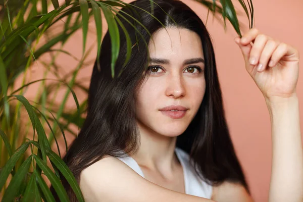 Jovem Mulher Olhando Para Câmera Tocando Folhas Planta Verde Contra — Fotografia de Stock