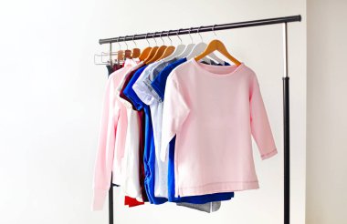 Beyaz duvarlı, minimalist tarzda bir odaya yerleştirilmiş çeşitli kadınsı gömlekli raflar.