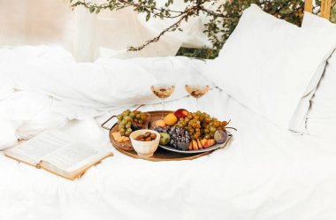 Bahçedeki romantik piknik sırasında yastıklı çeşitli olgun meyvelerle birlikte masaların yanına yerleştirilmiş bir çift şarap bardağı.