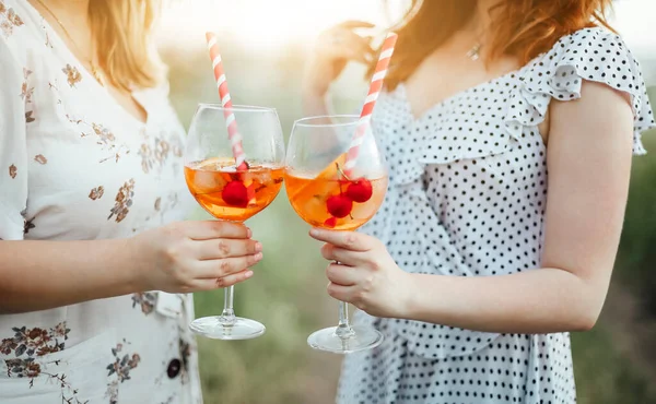 Anonymous Female Carrying Goblet Alcohol Cocktail Cherries Striped Straw Blurred — Stock Photo, Image