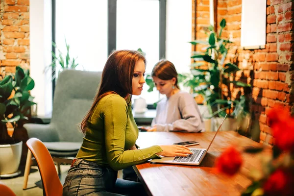 Vista Laterale Della Donna Felice Che Sorride Naviga Computer Portatile — Foto Stock