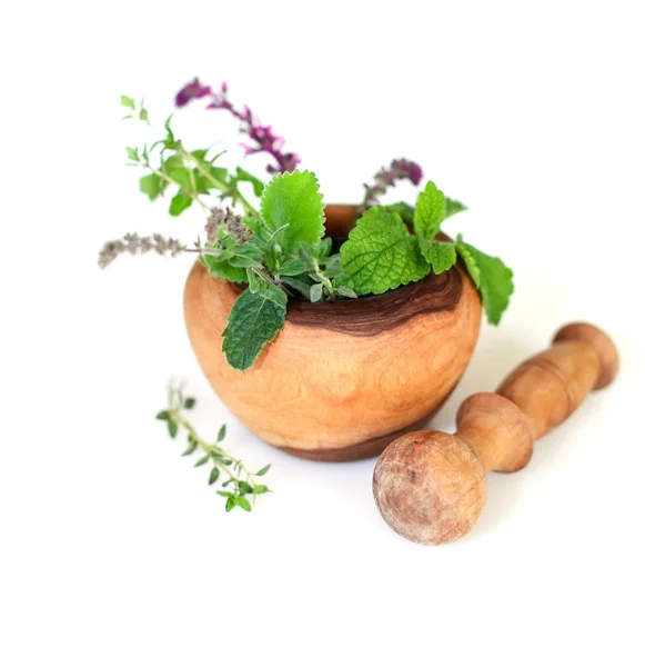 High Angle Fresh Herbs Pestle Placed Olive Wooden Mortar Isolated — Stock Photo, Image