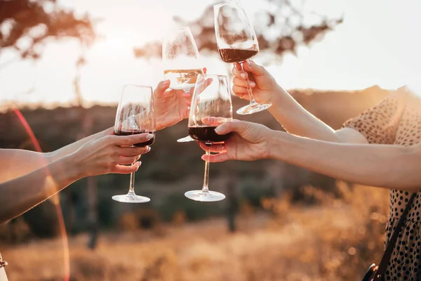 Ernte Anonyme Freundinnen Stoßen Mit Gläsern Rotwein Bei Outdoor Party — Stockfoto
