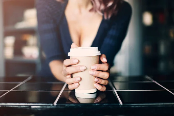 Relaxed Female Leaning Table Enjoying Tasty Hot Drink Paper Cup — Stock Photo, Image