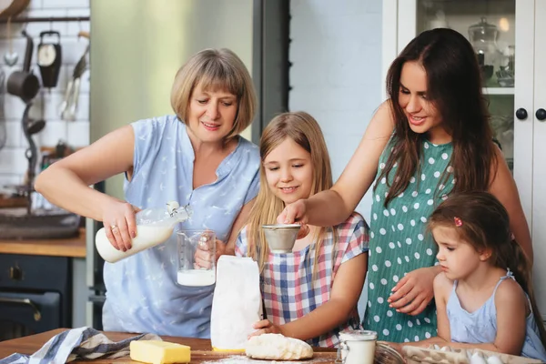 Happy Adult Mature Women Cooking Together Cute Girls Table Kitchen — Stock Photo, Image