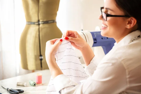 Side View Talented Female Designer Creating Garment While Working Mannequin — Stock Photo, Image