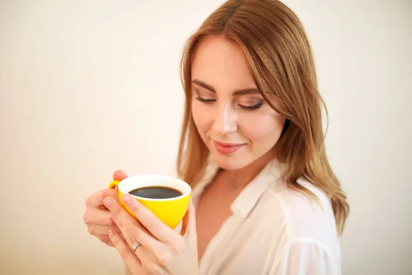 Adult Female Robe Closing Eyes While Having Cup Aromatic Freshly — Stock Photo, Image
