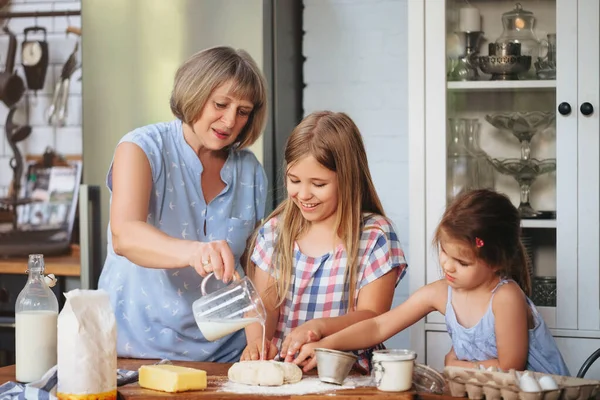 Happy Adult Mature Women Cooking Together Cute Girls Table Kitchen — Stock Photo, Image