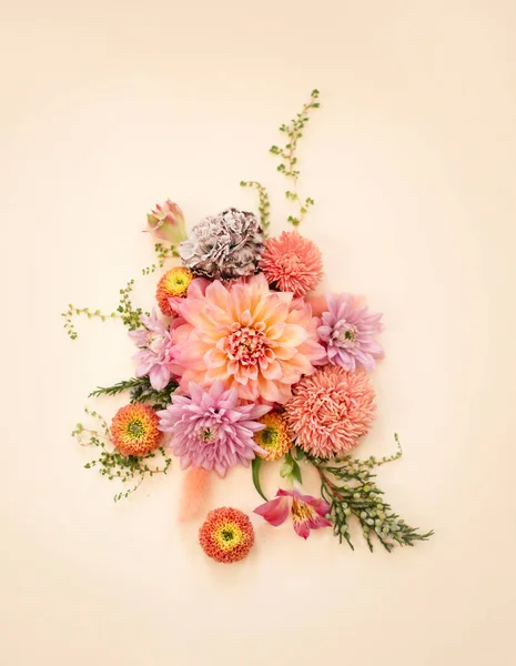 Top View Organic Fresh Flowers Arranged Beautiful Compositions Beige Background — Stock Photo, Image
