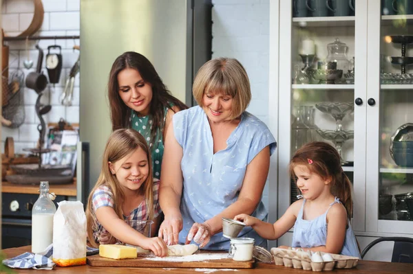 Glada Vuxna Och Mogna Kvinnor Matlagning Tillsammans Med Söta Flickor — Stockfoto