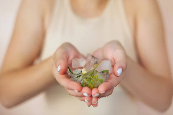 Femme Culture Méconnaissable Avec Pile Glaçons Avec Des Herbes Pour — Photo