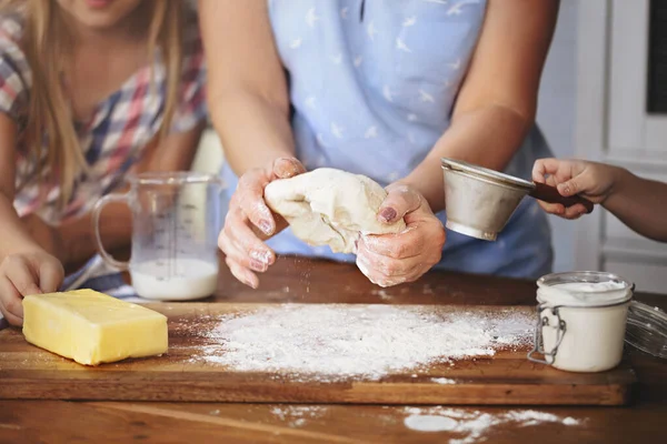 Happy Adult Mature Women Cooking Together Cute Girls Table Kitchen — Zdjęcie stockowe