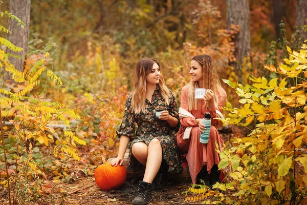 Young Female Friends Stylish Dresses Looking Each Other Enjoying Hot — Stock Photo, Image