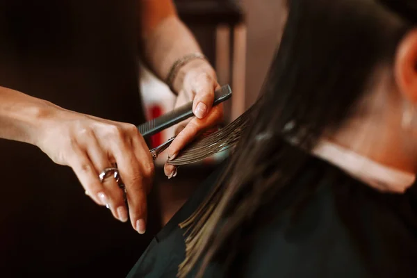 理发店工作时 理发师用梳子和剪刀剪头发 — 图库照片