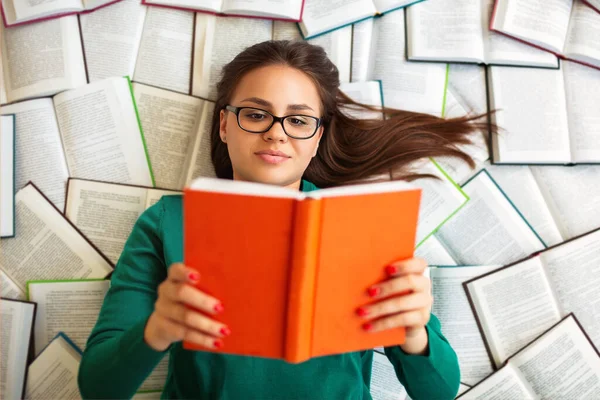 Top View Female Student Lying Books Reading Exam Preparation — Stock Photo, Image