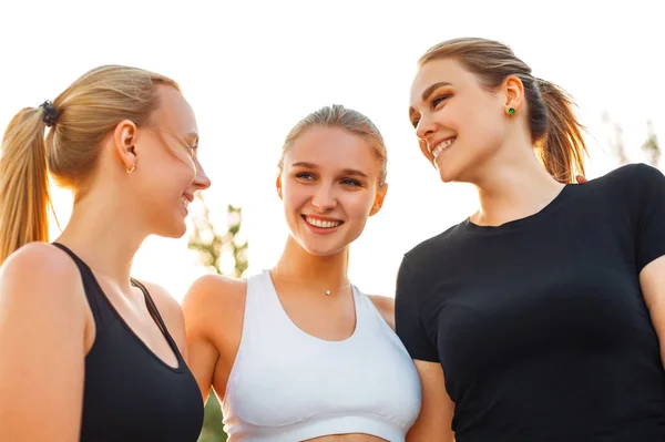 Young Female Sportswear Smiling Looking Away While Standing Girlfriends — Stock Photo, Image