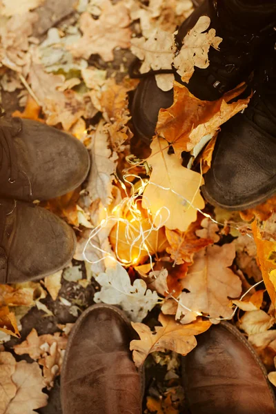 Anonymous People Leather Boots Standing Yellow Withered Leaves Glowing Fairy — Stock Photo, Image