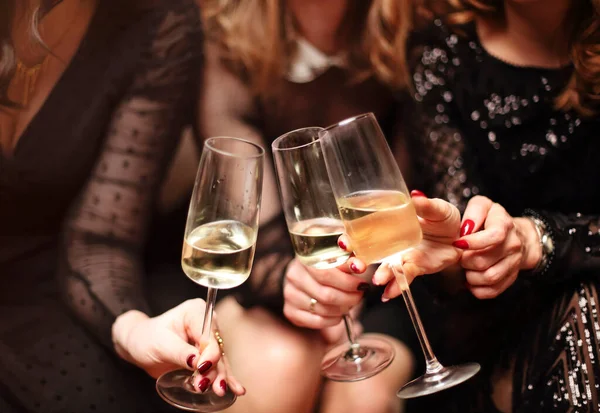 Unrecognizable Girlfriends Elegant Dresses Clinking Glasses Champagne Proposing Toast Party — ストック写真