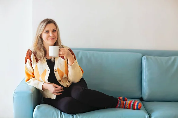 Positive Adult Female Drinking Hot Beverage Looking Camera Smile While — 스톡 사진