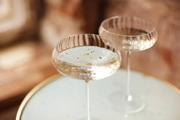 Champagne Bottle Glass Goblets Table — 图库照片