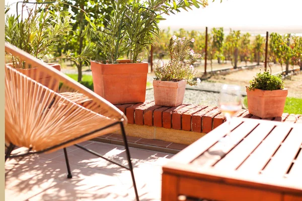 Alto Ángulo Copa Vino Colocado Mesa Soleado Día Verano Patio — Foto de Stock