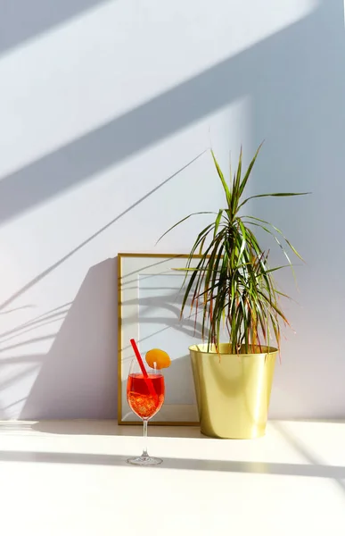 Vaso Apperol Spritz Cóctel Colocado Suelo Cerca Maceta Planta Marco —  Fotos de Stock