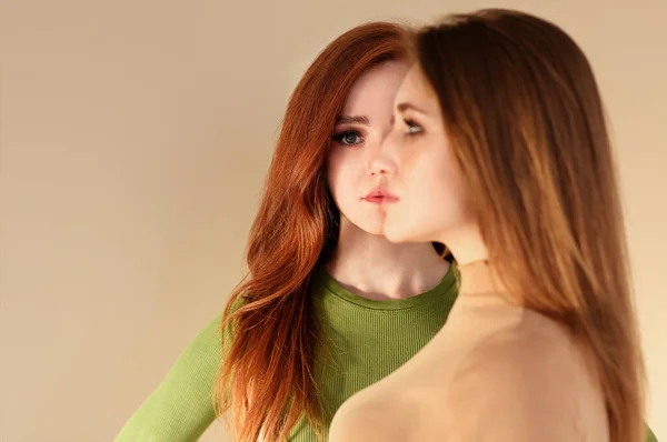 Happy Redhead Female Touching Shoulder Girlfriend Looking Away Smile Beige — Stock Photo, Image