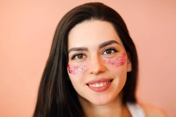 Positive Young Brunette Female Eye Patches Looking Camera Smile Skin — Stock Photo, Image